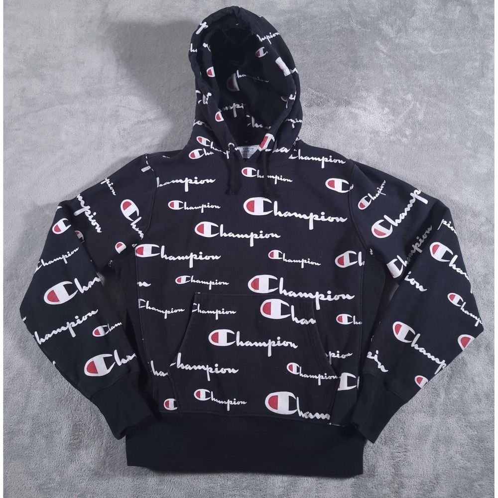 Champion Reverse Weave Hoodie Mens Medium Black All Over Print White Script Logo